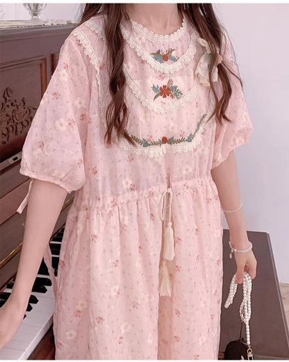 Mori Kei Dress Pink Floral Dress Short Sleeve Dress 36208:523672
