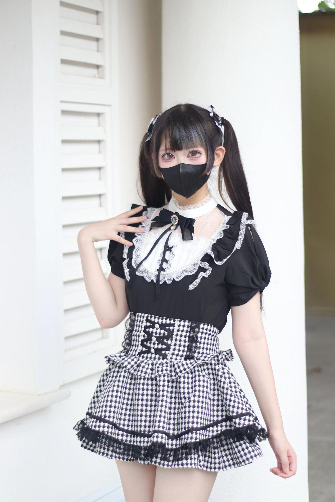 Puff Short-Sleeved Jirai Kei Blouse, Lace Pearl Decor 43616:781767