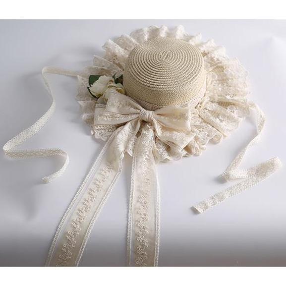 Mori Kei Sunhat Beige Country Lolita Hat With Lace Bow And Soft Straw 42247:734865