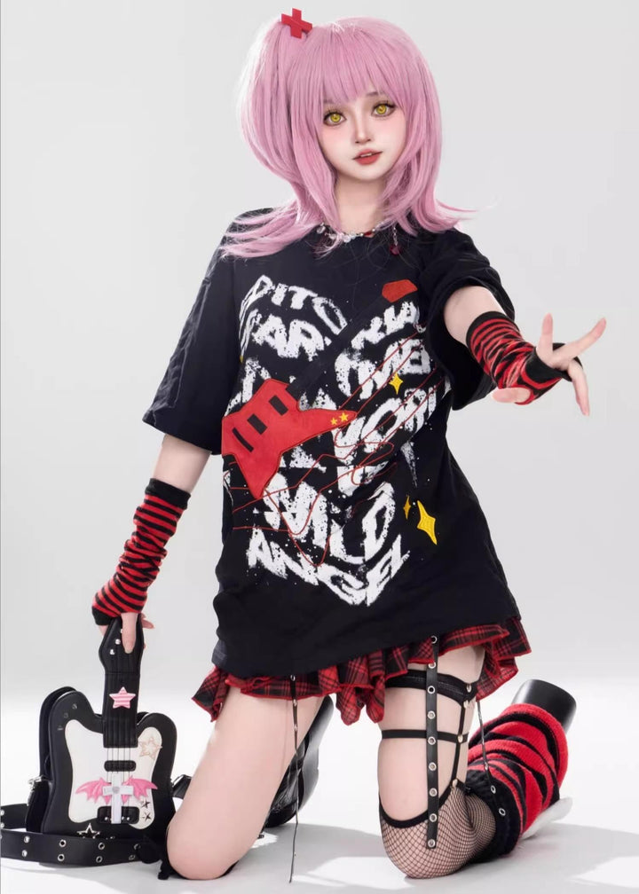 Gyaru T-shirt Red Plaid Skrit Unisex Punk Short-sleeve Top 42020:723956