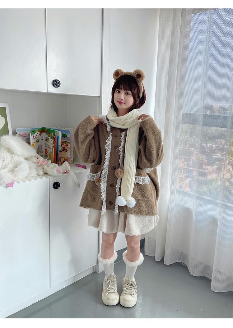 Kawaii Coat Sweater Bunny Ear Lace Knitted Hooded Cardigan 40338:665404