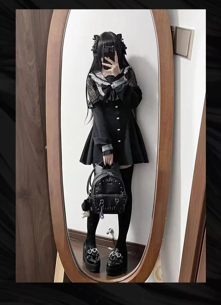 Black Jirai Kei Dress Set Lace Sailor Collar Dress Shorts – Honey