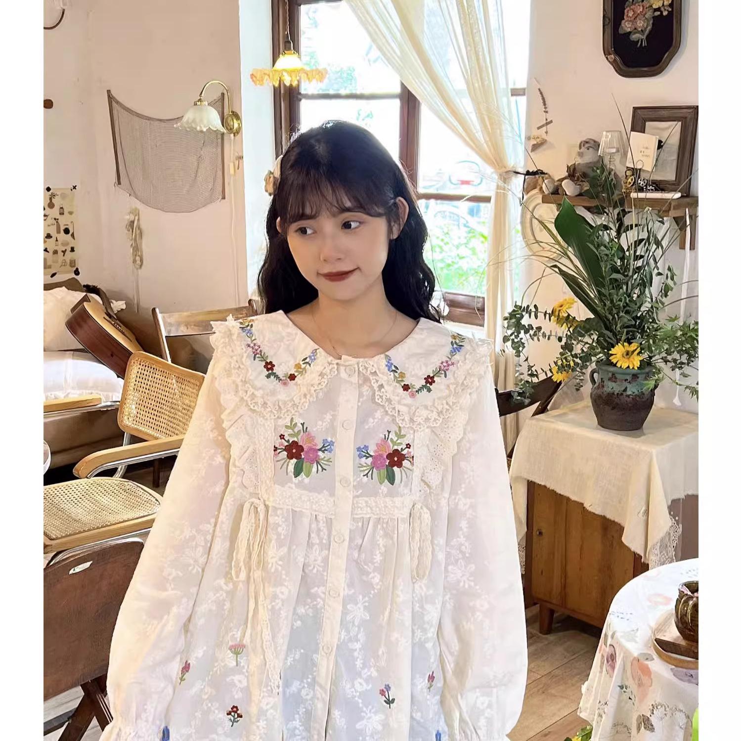 Mori Kei Blouse Flower Embroidery Shirt Anti-aging Top 36218:524610