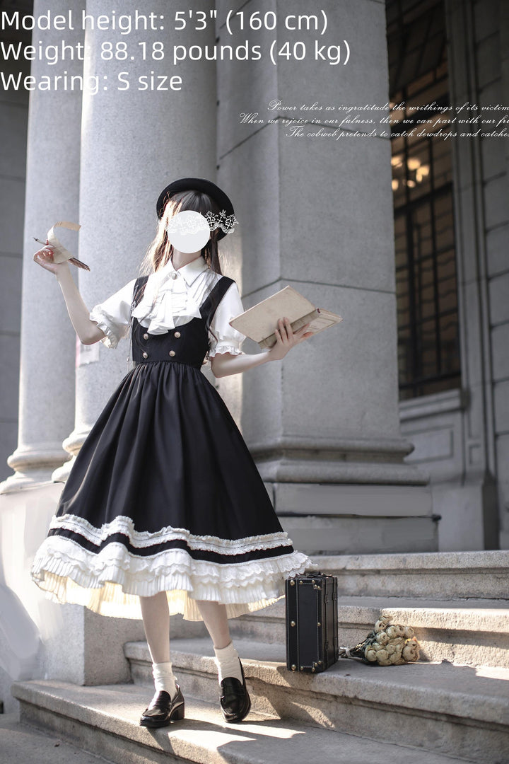 Black Preppy Style Jumper Dress, White Blouse 43508:778784