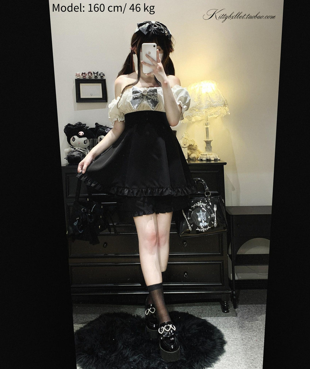 Puff Sleeve Jirai Kei Dress with Lace Bow and Shorts 43072:766154