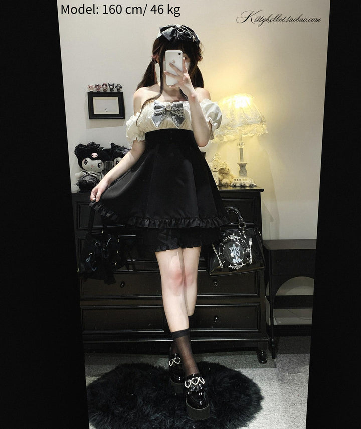 Puff Sleeve Jirai Kei Dress with Lace Bow and Shorts 43072:766154