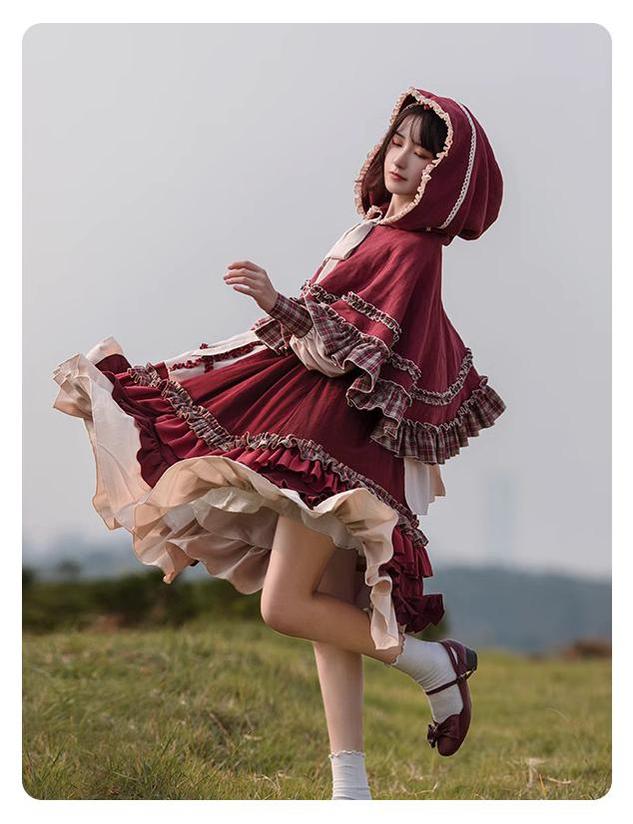 red lolita dress Red Lolita Dress Hooded Cape Set Autumn Lolita Outfit