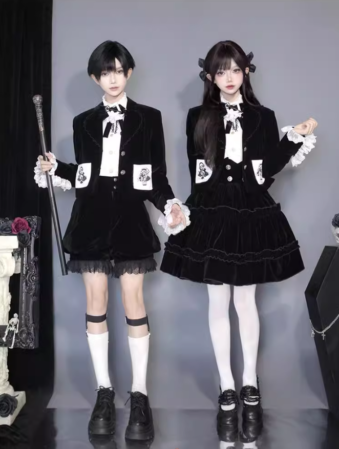 Ouji Lolita Prince Outfit Set Black Skirt Velvet Shorts Set 39368:632030