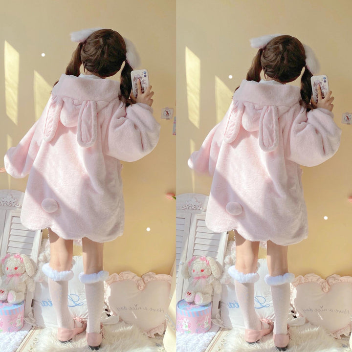 Jirai Kei Coat Sweet Bunny Ear Hoodie Long Fleece Coat 40938:682308