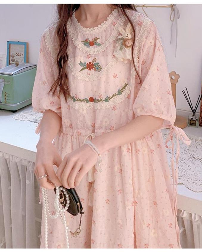 Mori Kei Dress Pink Floral Dress Short Sleeve Dress 36208:523740