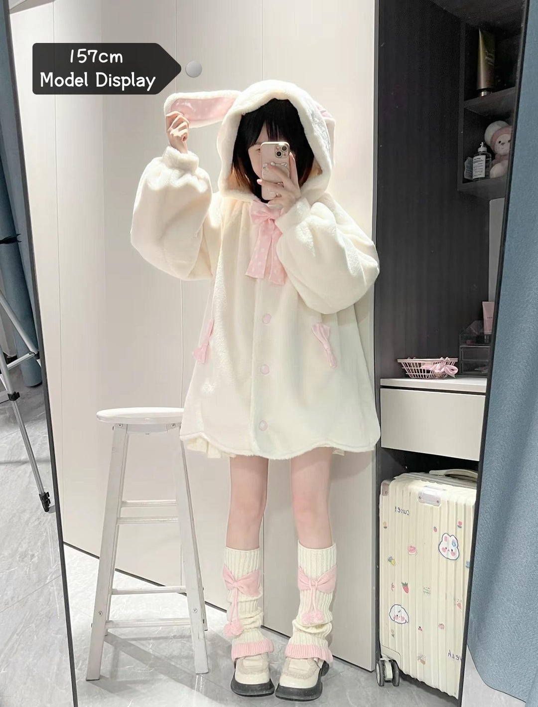 Jirai Kei Coat Sweet Bunny Ear Hoodie Long Fleece Coat 40938:682264