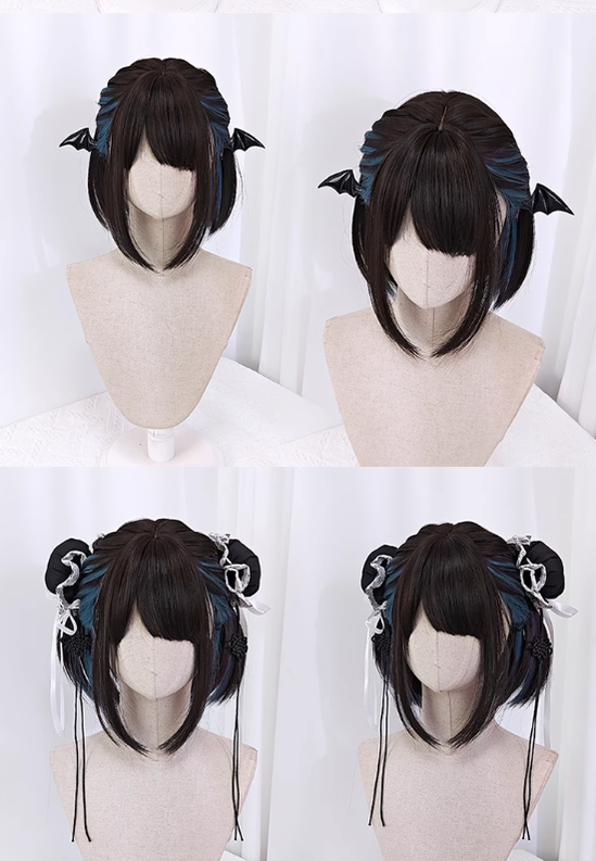 Jirai Kei Wig E-Butterfly Girl Blue Dark Brown Short Hair Wig 22044:367152 22044:367152