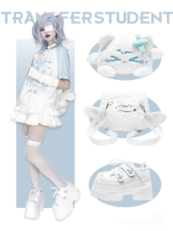 Tenshi Kaiwai Platform Shoes with Embroidered Cat and Cross 42361:743248