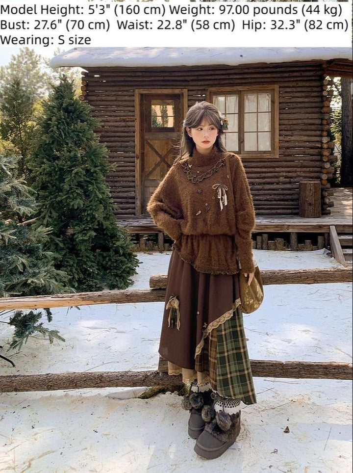 Mori Kei Stand-Collar Sweater, Irregular Plaid Skirt 44214:803859