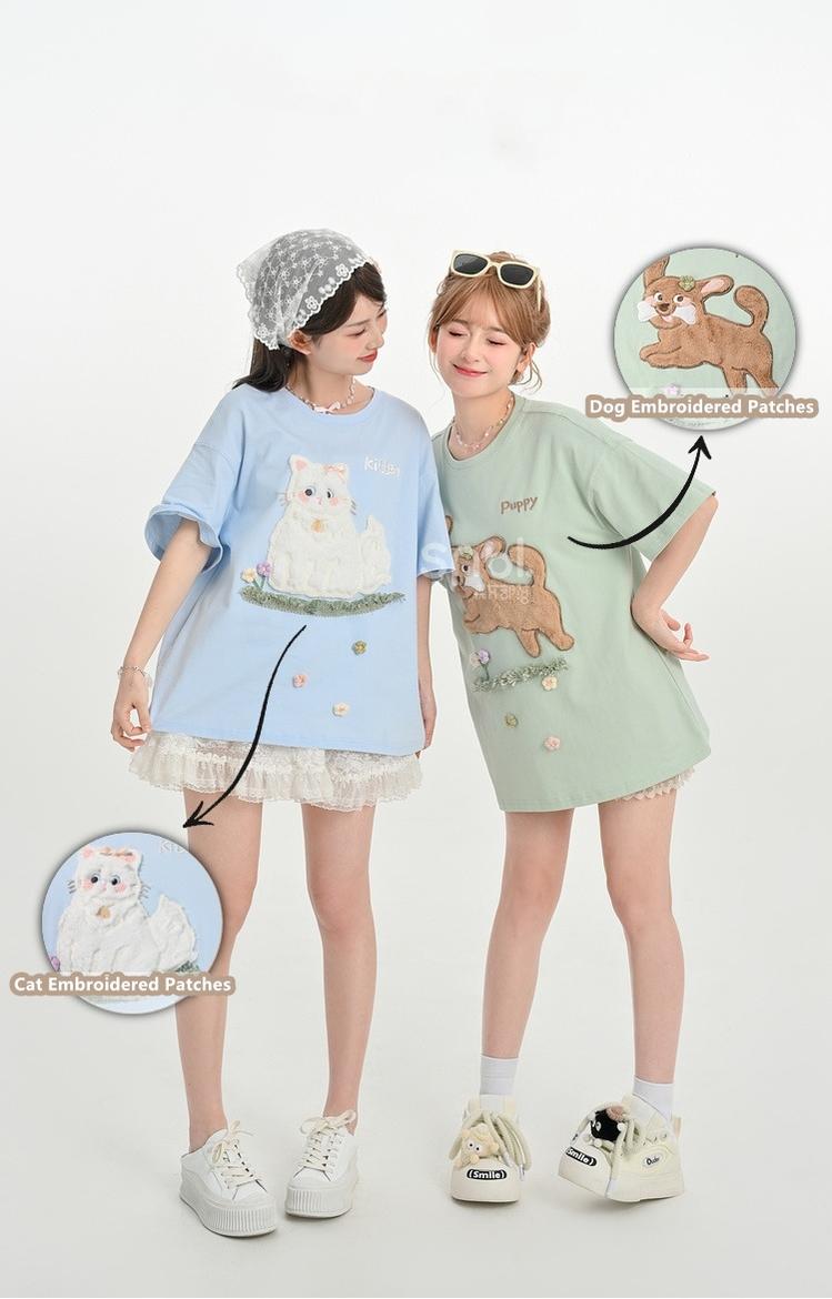 Kawaii T-shirt Short Sleeves Cotton Top Patch Embroidery 35896:559790