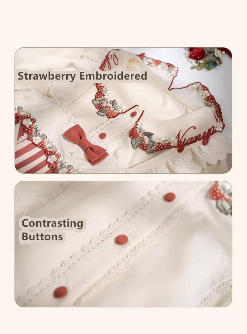 Retro Lolita Dress Strawberry Print Short Sleeve OP Embroidery Shirt 37248:569496