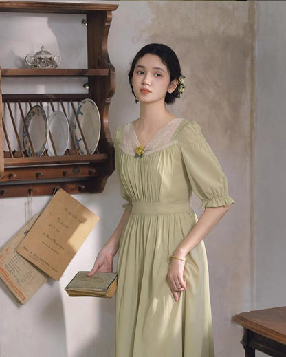 Mori Kei Dress Elegant Dress Matcha Green Lace Trim Dress 36344:547236