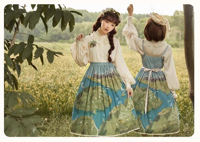 Lolita Dress Rivers Cross Mountains Print Lolita Dress Set 39412:627170