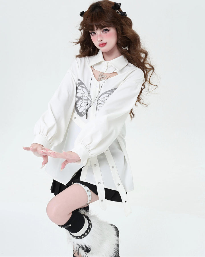 Gyaru blouse Subculture Embroidered Butterfly Shirt Long Sleeve Top 39690:634002