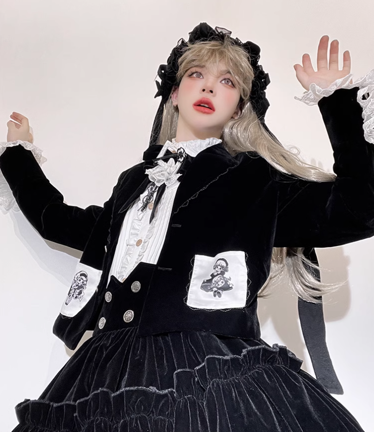 Ouji Lolita Prince Outfit Set Black Skirt Velvet Shorts Set 39368:632040