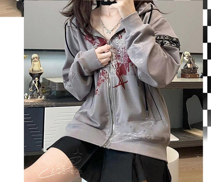 Plus Size Jirai Kei Coat Zip-up Hoodie Cotton Jacket 35318:498182