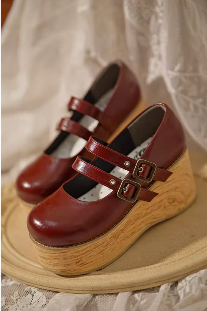 Retro-wooden Bottom Double Button Platforms Multicolor 21784:318828