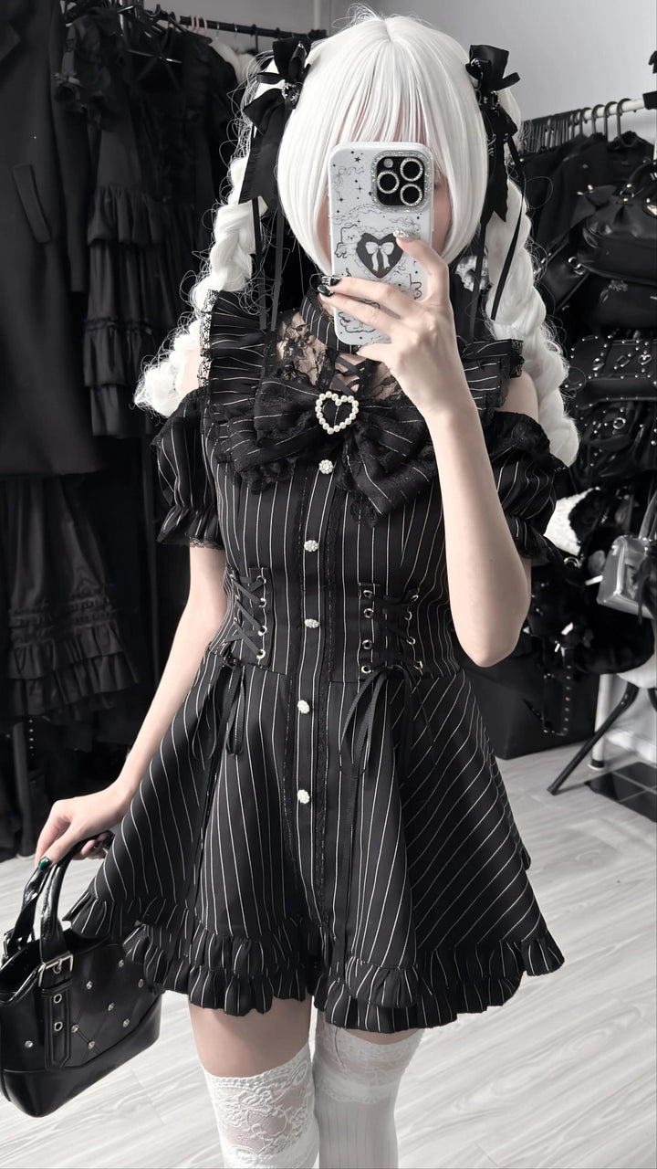 Jirai Kei Pure & Striped Black Dress, Open Shoulder 44960:834895