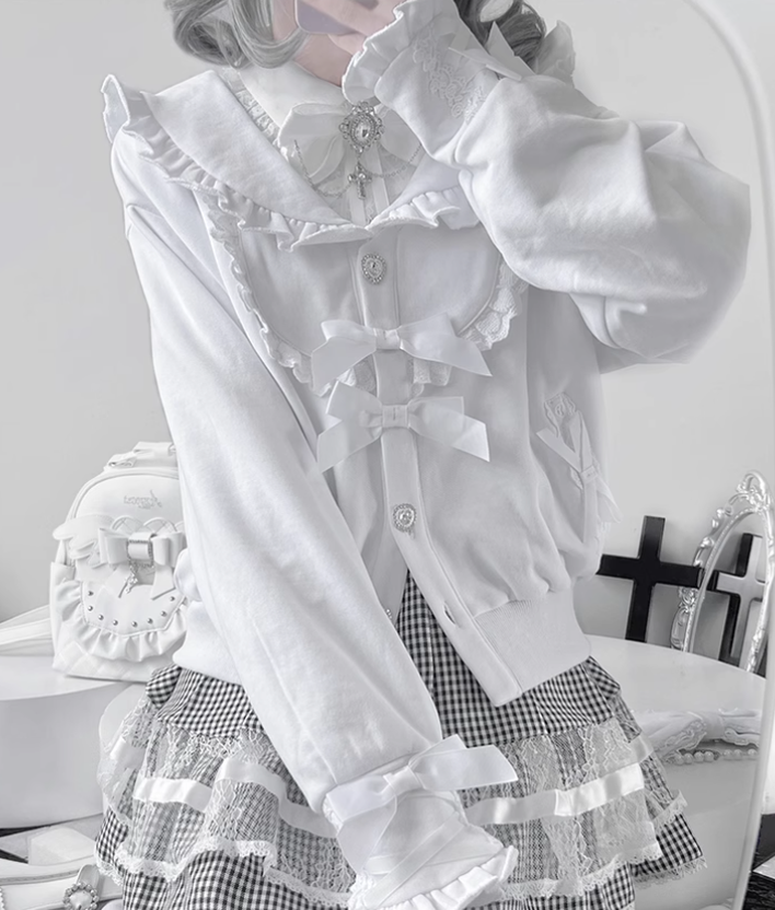 Jirai Kei Jacket Sailor Collar Coat With Lace Bow and Peal Chain 42148:730713