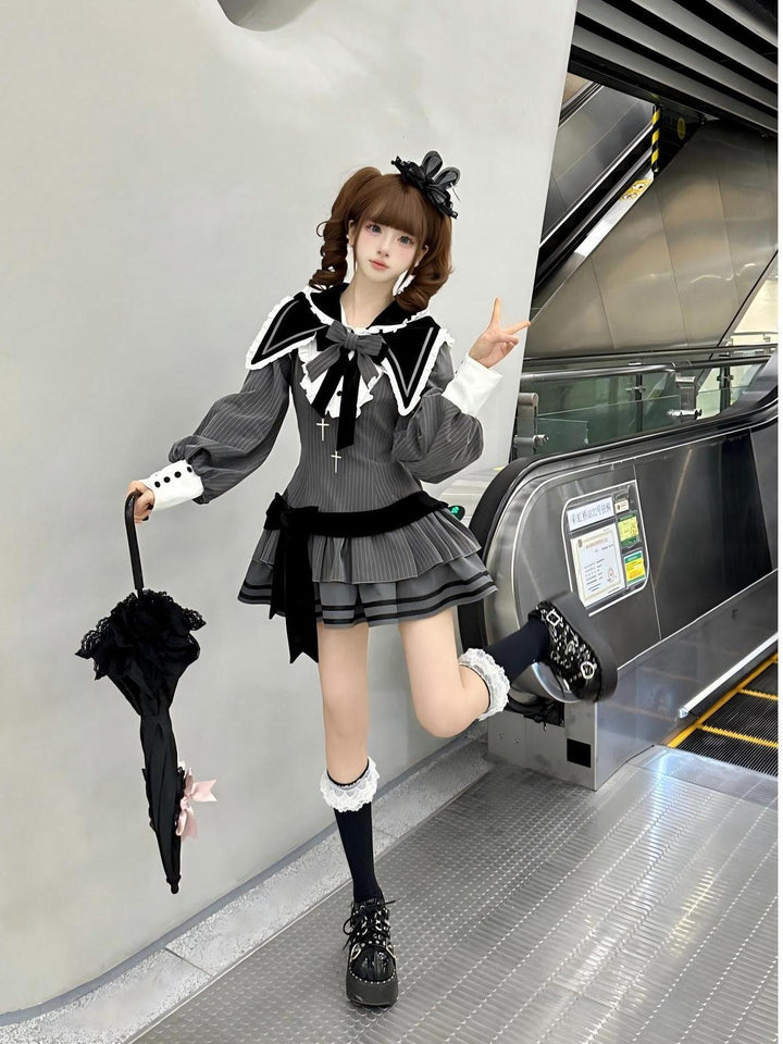 Kawaii Lolita Dress Grey OP With Long Bunny Ears and Plush Ball 42320:738123