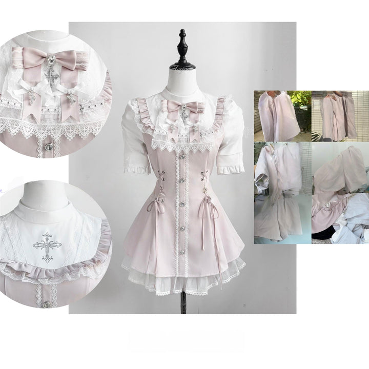 Short-sleeved Ryousangata Dress, Detachable Bowtie (L M S XL) 43823:786806