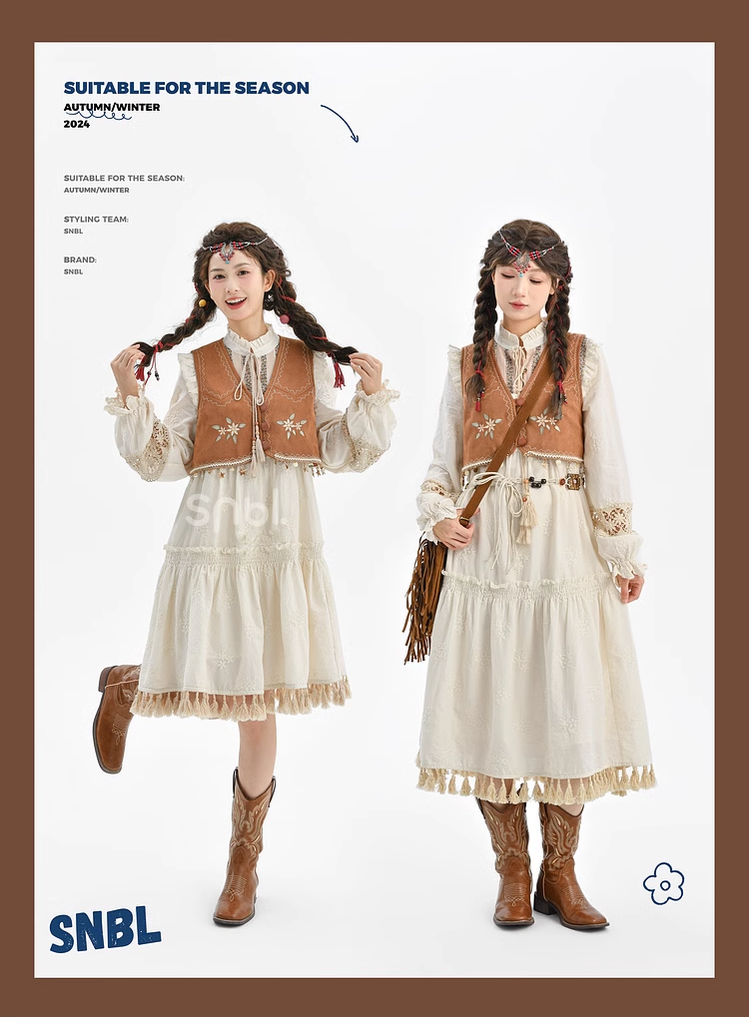 Mori Kei Dress Set Bohemian Vest With Tassels Ethnic Dress 39268:645132