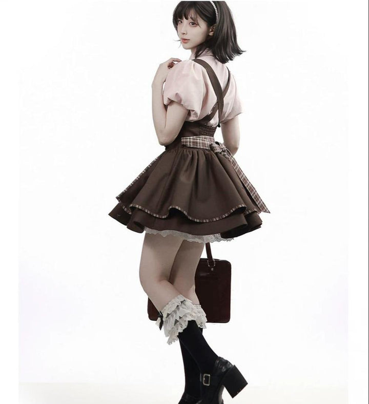 Academia Bubble Sleeve Blouse, Elastic Waist Suspender Skirt 45875:866404
