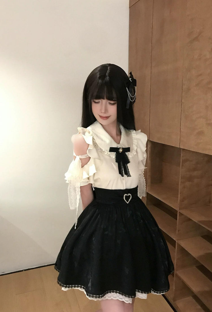 Seiso Kei Ruffled Shoulder Blouse, Butterfly Pattern Skirt 45622:858771