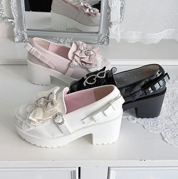 Jirai Kei Chunky Heel Slip-on Shoes, Bows and Pearls 45868:867018