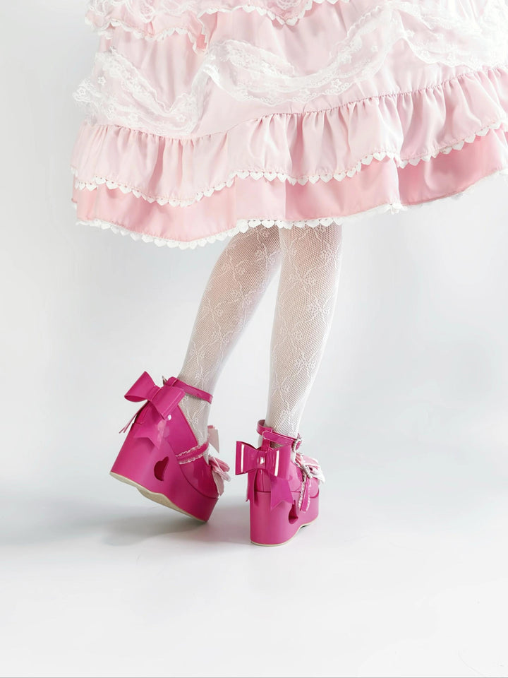 Sweet Lolita Platform Shoes, Bow and Heart-Shaped Pearl 45357:846113