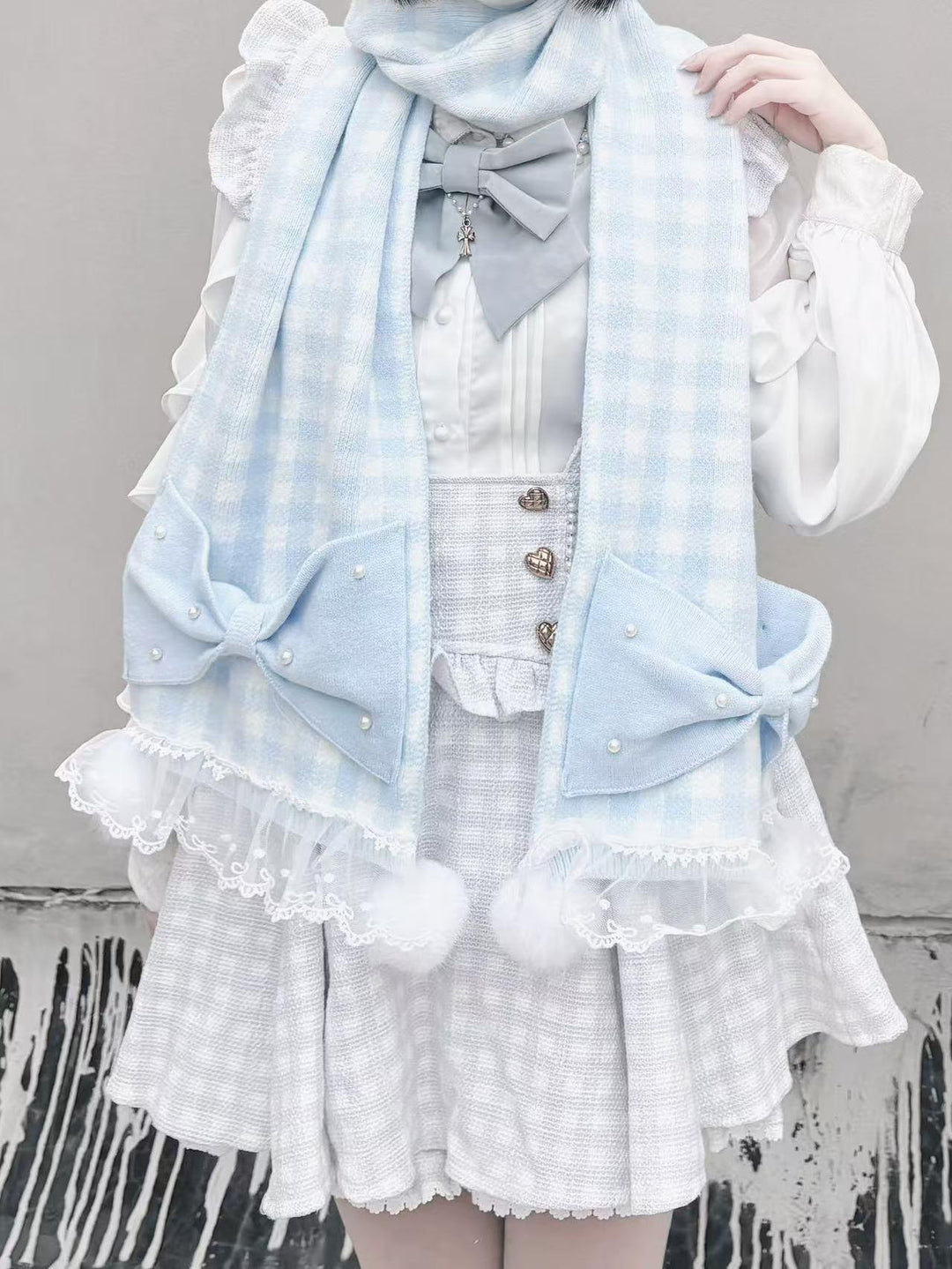 Ryousangata Scarf Plaid Pearl Bow Lace Scarf With Pom Poms 41674:711536