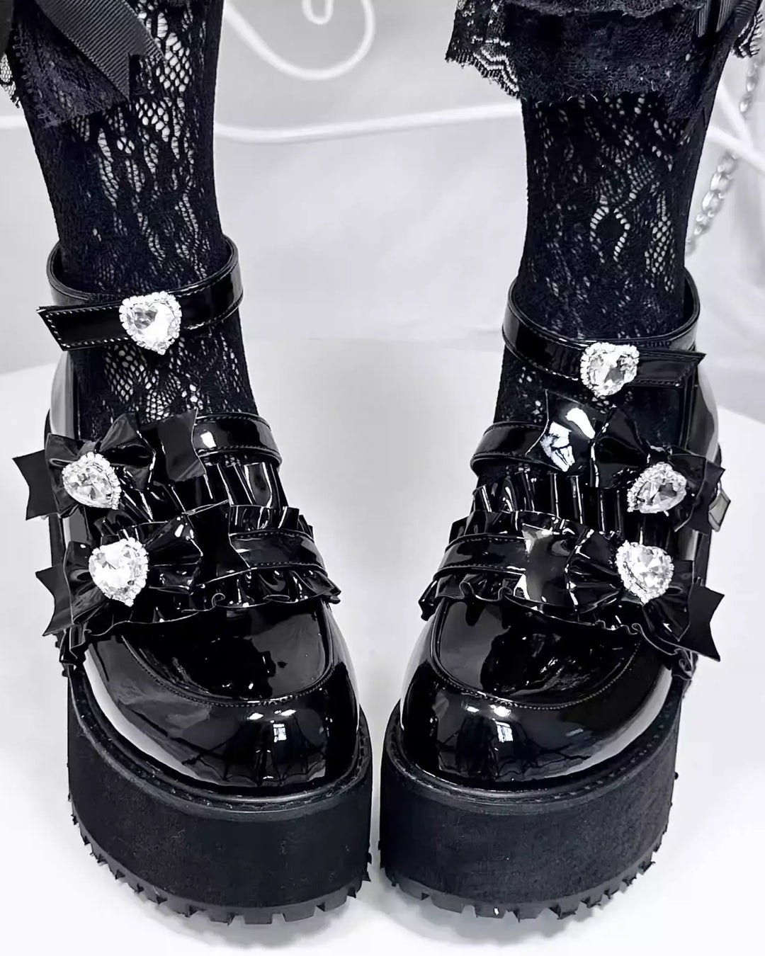 Jirai Kei Platform Shoes with Heart Rhinestone and Ruffle Trim Bow 41582:704406