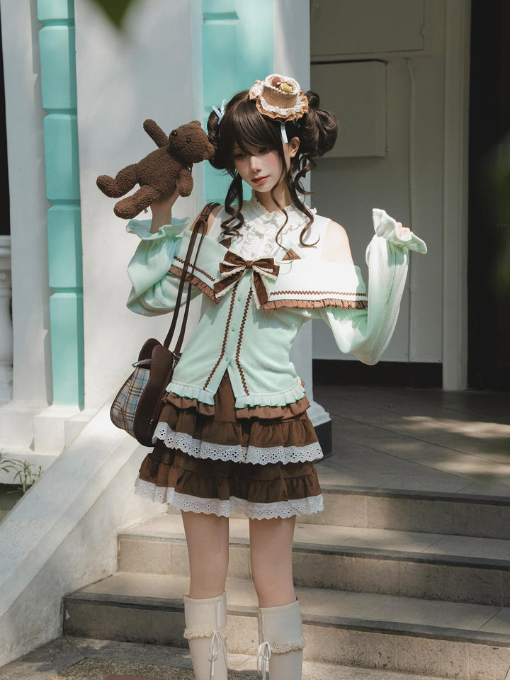 Sweet Open-shoulder Sweater, Vintage Skirt 44077:795894