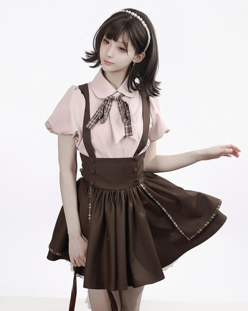 Academia Bubble Sleeve Blouse, Elastic Waist Suspender Skirt 45875:866397