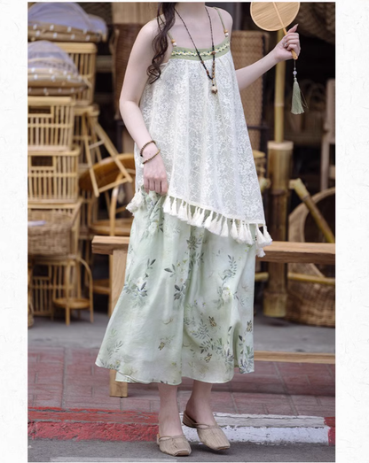 Cottagecore Dress Mori Kei Strap Dress Floral Dress With Tassels 36246:534462