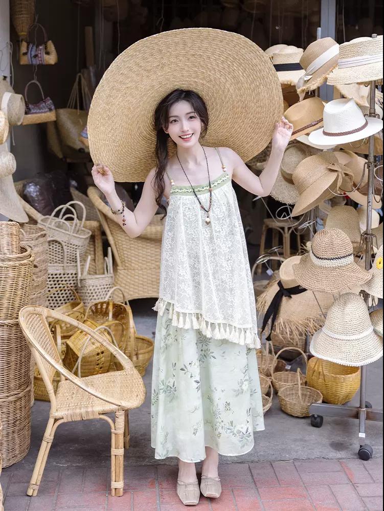 Cottagecore Dress Mori Kei Strap Dress Floral Dress With Tassels 36246:534450