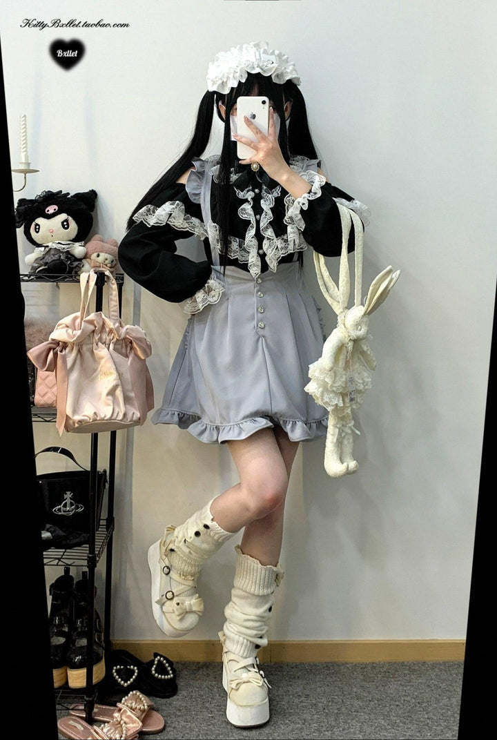 Jirai Kei Blouse Double Ruffle Open Shoulder Shirt 31856:768499