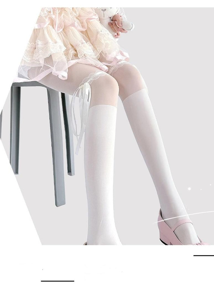 Lolita Socks Thin Lace Splice Thigh-high Socks White Black Silk 36622:526526 36622:526526