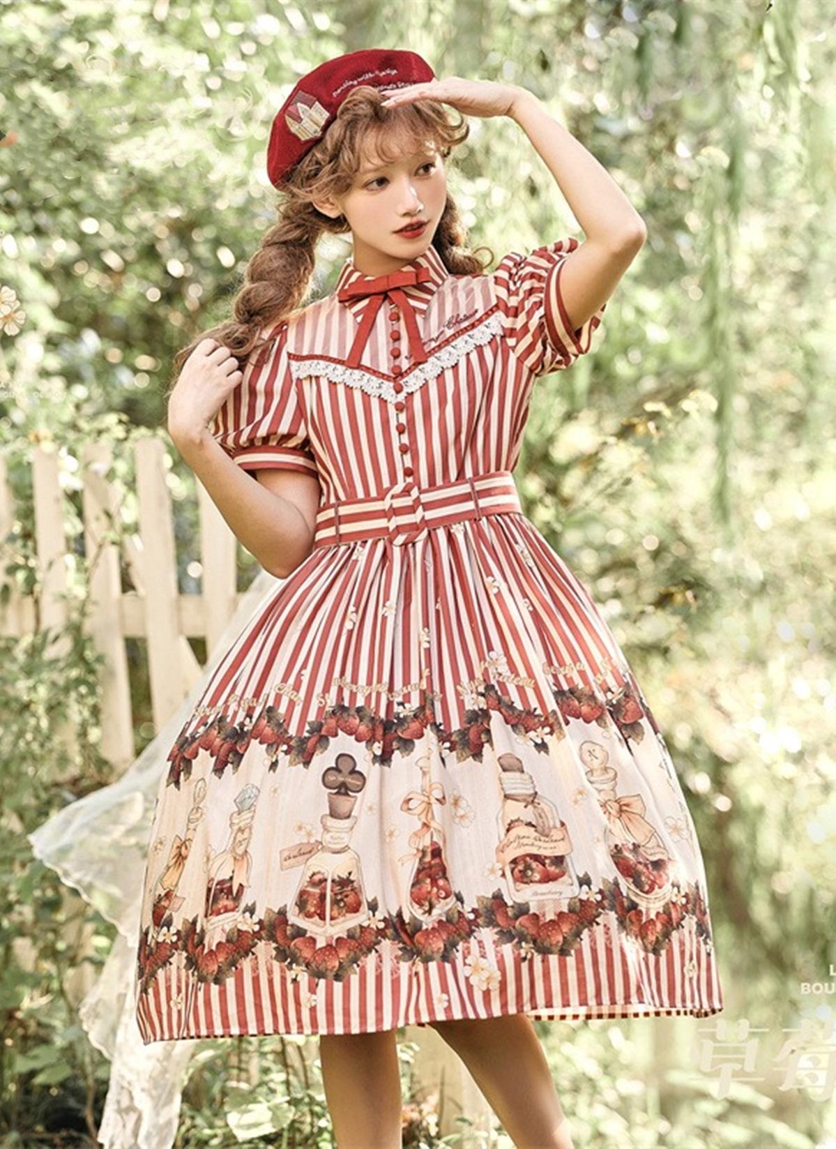 Retro Lolita Dress Strawberry Print Short Sleeve OP Embroidery Shirt 37248:558176