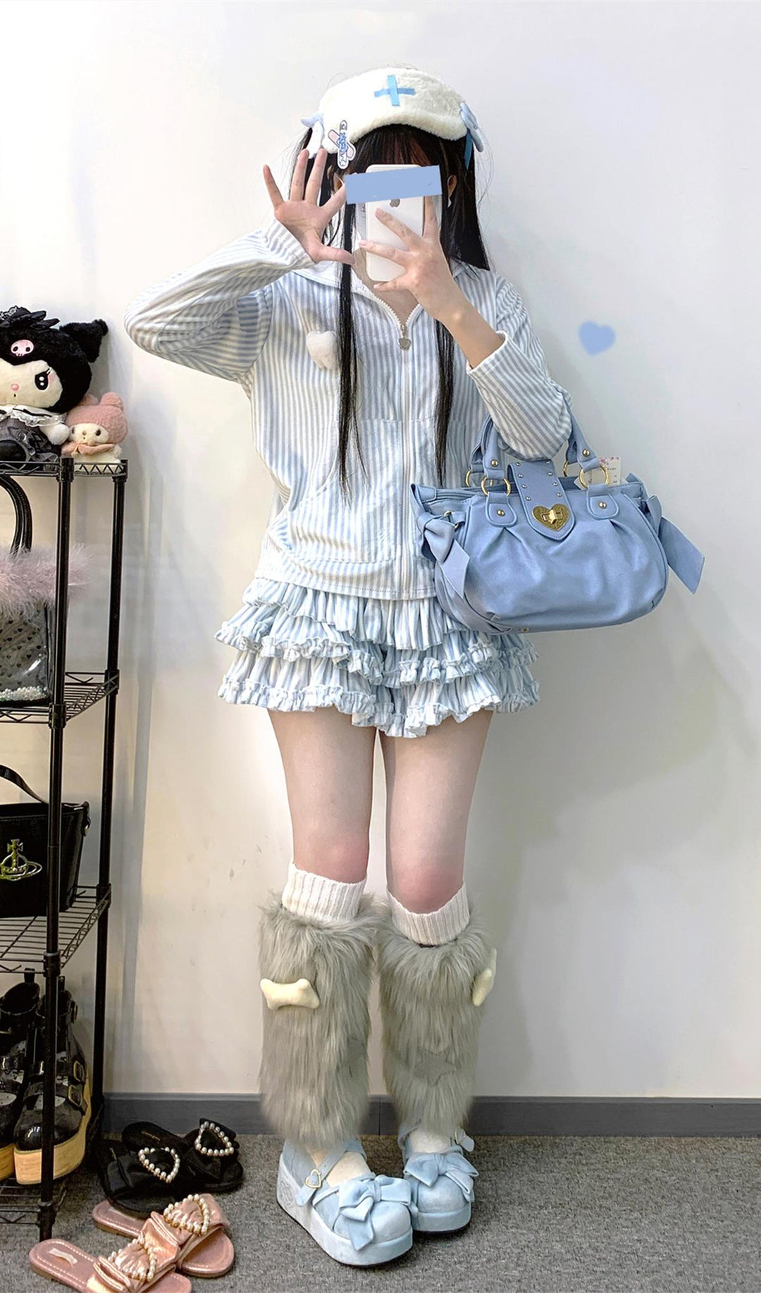 Jirai Kei Hoodie Skirt Set Stripe Hoodie Bunny Ear Coat (Pre-Order) 34402:460492 (Pre-Order) 34402:460492