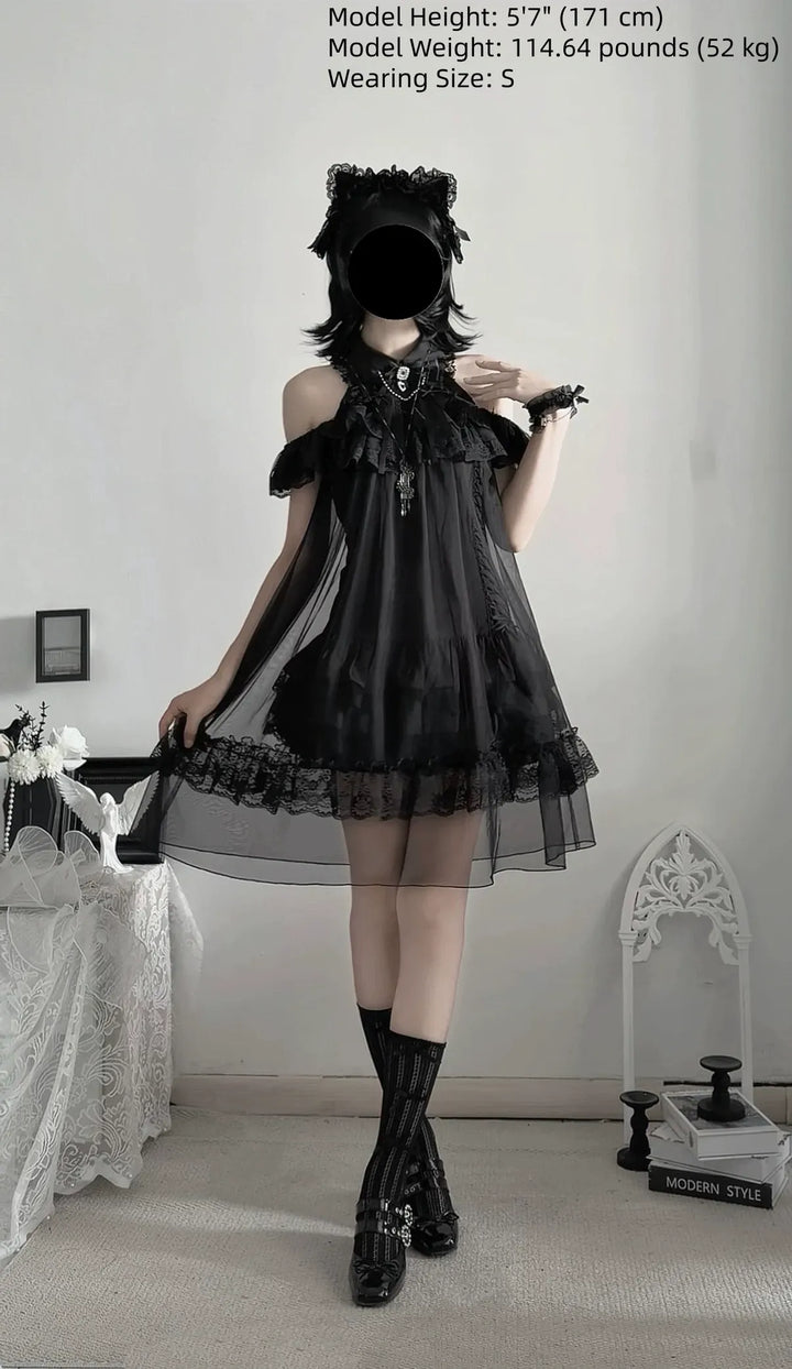 Seiso Kei Open Shoulder Dress, Black Tulle Overlay 45555:854206