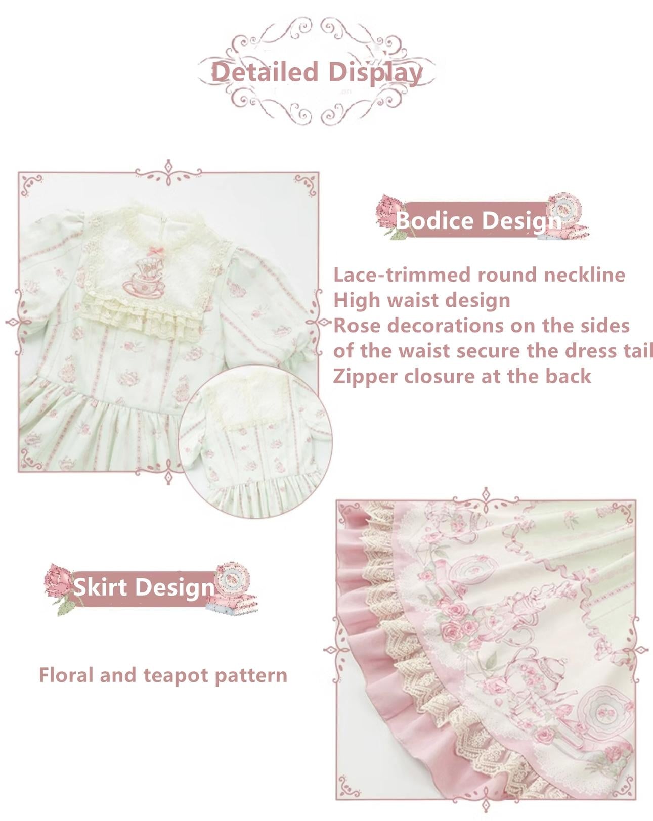 Pink Blue Lolita Dress Short Sleeve Lolita Dress Floral Tea Pot Print 37134:552902