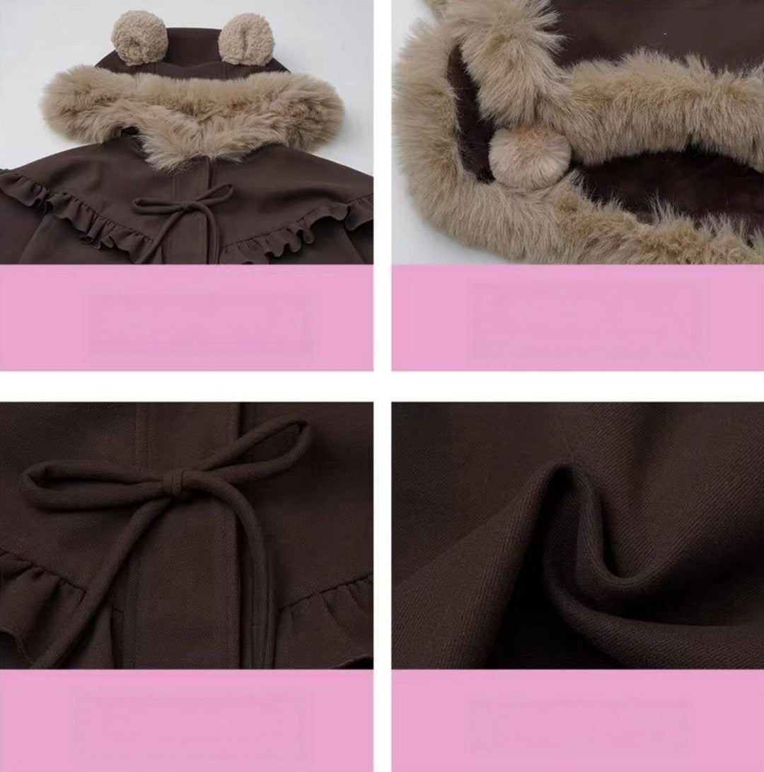 Winter Plaid Suspender Bubble Skirt, Bear Ear Plush Cape 45991:872170