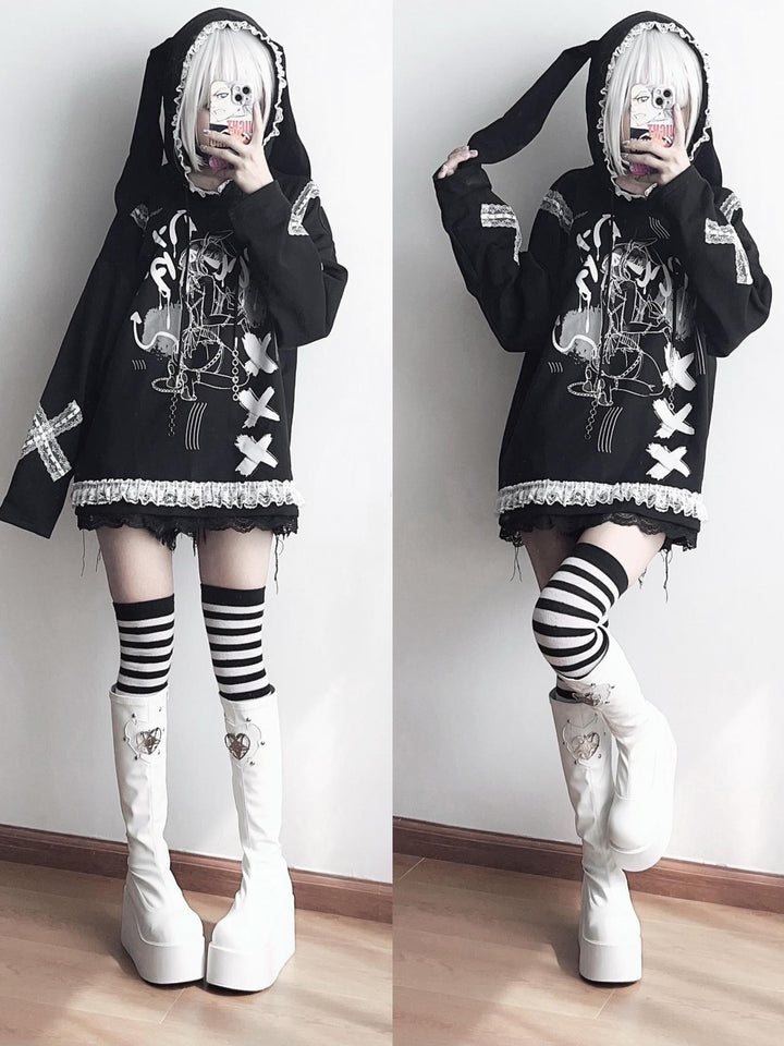 Y2K Cotton Hoodie Yami Kawaii Bunny Ear Hoodie 34000:477320 34000:477320