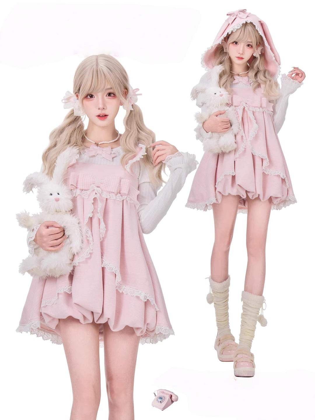 Pink Ryousangata Dress, Detachable Bunny Ear Hood 44747:829457